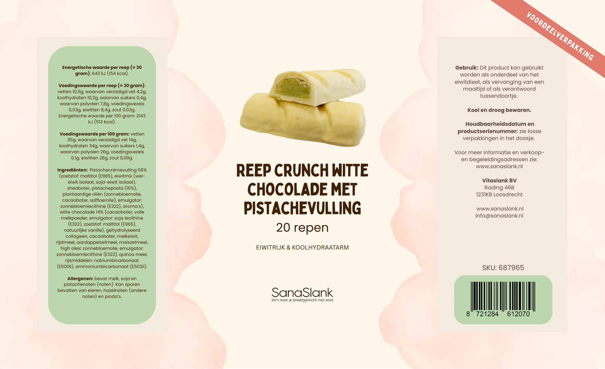 XXL Pakket – Reep Crunch Witte Chocolade Pistache (20 stuks) | Sanaslank