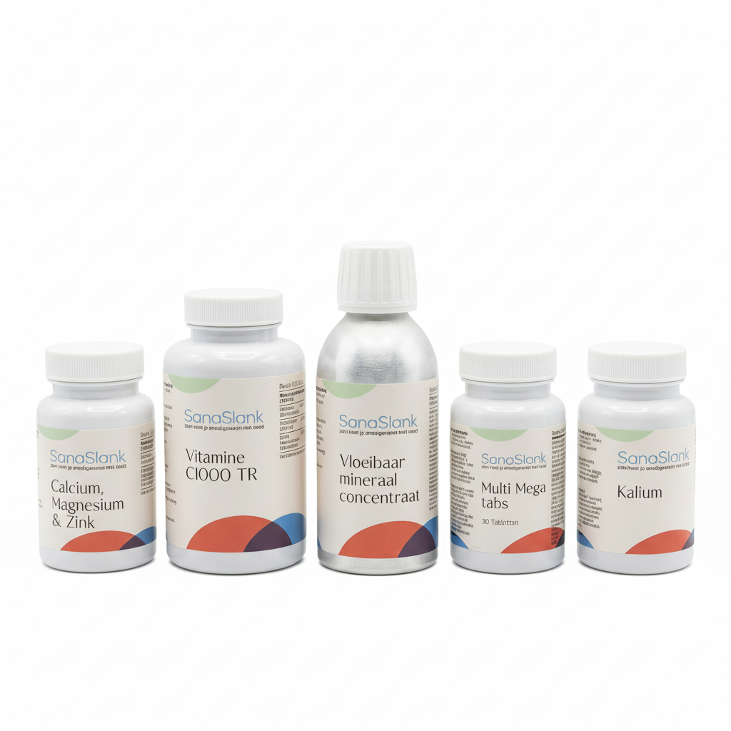 Sanaslank Supplementenbox met vijf supplementen kalium vit C vloeibaar mineraal calcium magnesium zink en Multi Mega Tabs